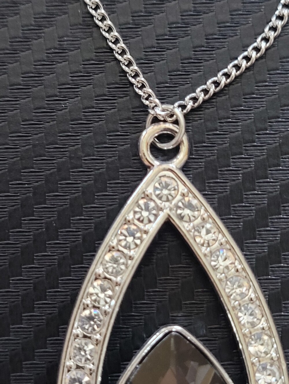 Silver Tone Smoky Crystal Teardrop Pendant Rhinestone Halo Necklace - Picture 6 of 9